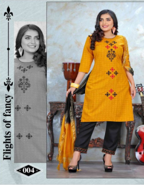 yellow rayon dobby heavy top embroidery + cotton pant embroidery work + fancy dupatta sillai pattern  fabric embroidery work casual 