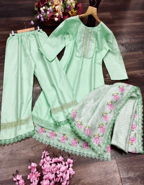 green kurti / plazo - cotton | dupatta - kota doriya  fabric embroidery work ethnic 