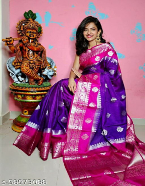 purple pure organza silk saree with 100% silver zari weaving - overall meena butti weaving - rich pallu - broad pallu & contrast blouse  fabric weaving work ethnic 