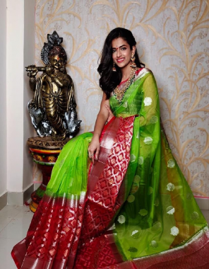 parrot green pure organza silk saree with 100% silver zari weaving - overall meena butti weaving - rich pallu - broad pallu & contrast blouse  fabric weaving work casual 