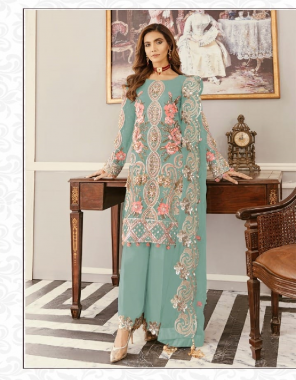 sky blue top - heavy net with embroidery aplic work with sequance stone  | bottom - santoon | inner - santoon | dupatta - heavy net with chain stitch work with latkan with lace | size - max up to 58 | length - max up to 47 [ master copy ] fabric embroidery work casual 