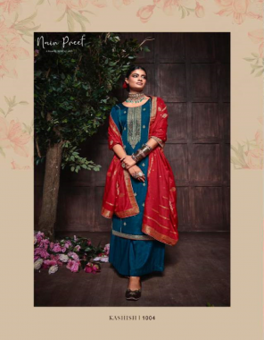 blue top - premium quality soft silk fabric with designer coding embroidery on full front | bottom - pure jam satin dyed | dupatta - pure viscose jacquard with four side fancy lace fabric embroidery work casual 