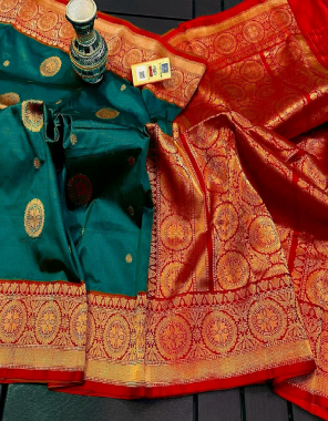 rama green pure handloom banarsai katan silk sarees with antique jari | rich contrast pallu | contrast blouse with border | smooth & soft  fabric jacquard + weaving work ethnic 