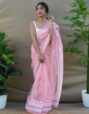 pink organza  | work - embroidery work blouse will be come satin bangalori fabric white color of saree  fabric thread  work wedding 