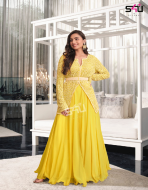 yellow georgette & crepe  fabric embroidery work ethnic 