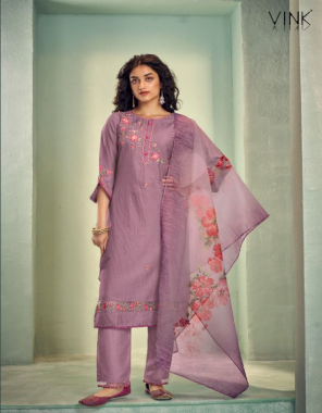 purple kurta / pants - silk | dupatta - organza foil with digital print | kurta length - 46|pant length - 37 fabric embroidery work party wear 