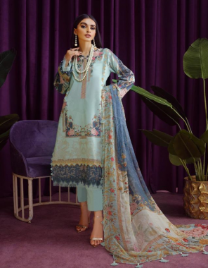 blue top - pure lawn pakistani style digital print | bottom - lawn cotton dyed | dupatta - lawn cotton (pakistani copy) fabric printed work wedding 