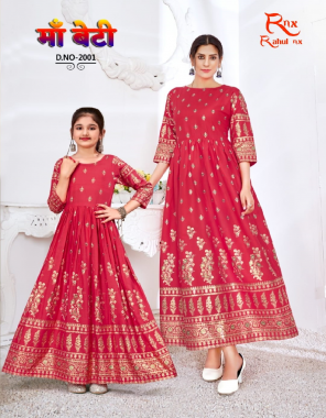 red mother top - heavy rayon with foil print (length - 55) | daughter fabric - heavy rayon border foil print (length - 38) | daughter size - m-24 | l - 26| xl - 28| 2xl - 30 |3xl - 32 fabric printed work wedding 
