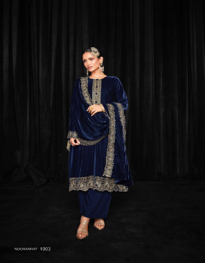 navy blue top - pure soft velvet with heavy lush embroidery neck and daman | bottom - pure pashmina dyed | dupatta - pure light weight soft velvet embroidery scalping fabric embroidery work party wear 