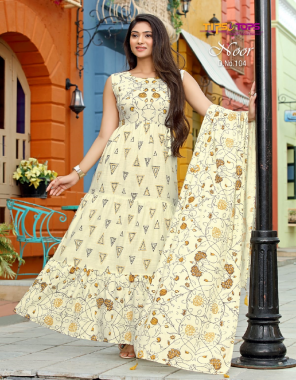 white heavy reyon printed long gowns with printed dupatta  fabric printed work casual 