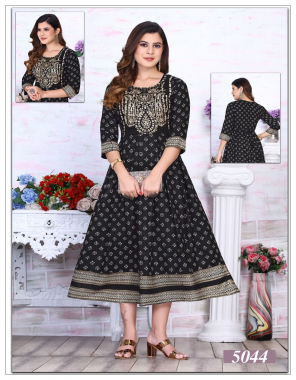 black hevy rayon ghera kurti with dori pattern fabric printed work casual 