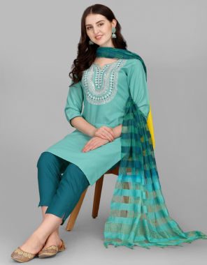 sky blue kurti - slub cotton with embroidery work | pant - slub cotton | dupatta - cotton silk with zari and zalar (2.20 mtr) fabric embroidery work ethnic 