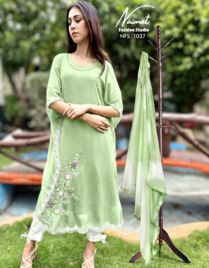 parrot green top - pure georgette | bottom - pure cotton strachable | inner - santoon | dupatta - siburi fabric embroidery work casual 