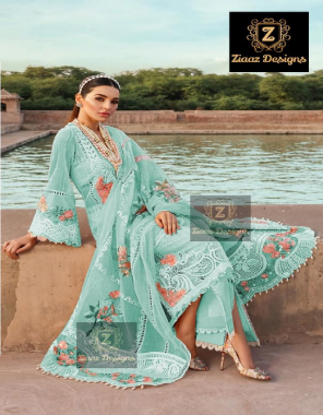 sky blue cambric cotton embroidered semi stitched top cotton unstitched bottoms net heavy dupatta (pakistani copy) fabric embroidery work wedding 