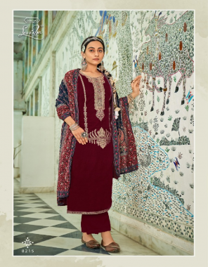 maroon top - pure 9000 velvet dyed with designer codding embroidery with lace | bottom - pure pashmina dyed (3 mtrs) | dupatta - pure 9000 velvet digital print stall dupatta (2.30mtrs) fabric embroidery work ethnic  