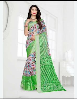 parrot green party wear printed chiffon brasso saree with un stitched blouse fabric printed work wedding 