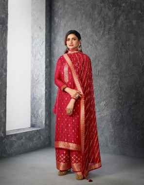 red embroidered dola jacquard top | dola jacquard bottom | embroidered silk georgette dupatta fabric embroidery work festive 