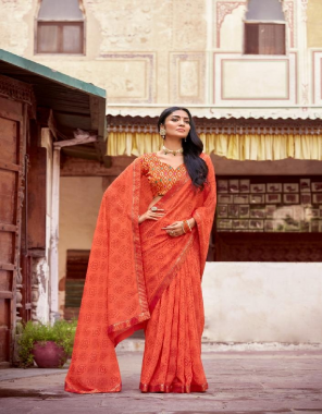 orange georgette with ivory prints and contrast blouse fabric printed work festive 