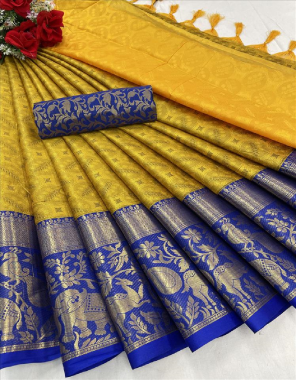 yellow pure cotton silk jacquard saree with heavy zari patta , brocade blouse and jhallar pallu  fabric printed work ethnic 