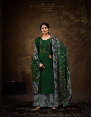 dark green top - pure wool pashmina with exclusive embroidery work (2.50mtrs) | dupatta - pure wool pashmina shawl (2.30mtrs) | bottom - pure pashmina spun patiala salwar (3 mtrs) fabric embroidery work festive 