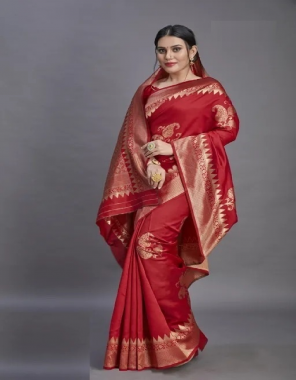 red bnarasi silk saree fabric printed work ethnic 