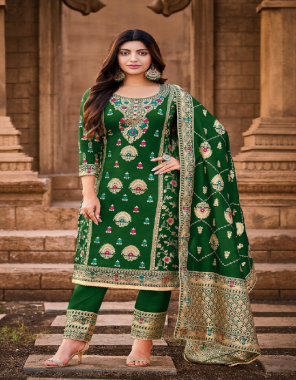 dark green top - silk jacod with diamond | bottom - dull santoon with border | dupatta - silk jacod  fabric embroidery work casual 