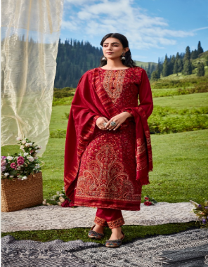 red top - pure original wool pashmina kaani weaving jacquard (2.50 mtr apx) | dupatta - pure original wool pashmina kaani weaving jaquard shawl (2.30 mtr apx) | bottom - pure pashmina salwar (3 mtr apx) fabric embroidery work casual 