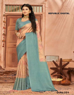 sky blue weaved copper kanjeevaram saree with digital printed design with jhalar fabric printed work wedding 