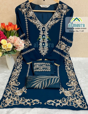 navy blue top - faux georgette with inner (santoon) | bottom - streatchable cotton with embroidered patch | dupatta - digital printed organza fabric embroidery work wedding 