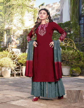 maroon top - pure viscose with heavy embroidery work | bottom - fancy viscose weaving sharara (3 mtrs) | dupatta - pure chanderi viscose weaving sequence with embroidery work fabric embroidery work party 