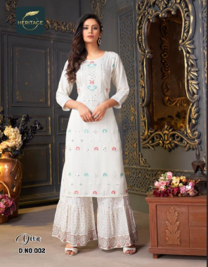 white rayon nd rayon slub designer kurti with embroidery and fancy sharara with prints  laces and embellishment handwork | (length - 45 ) fabric embroidery work ethnic 
