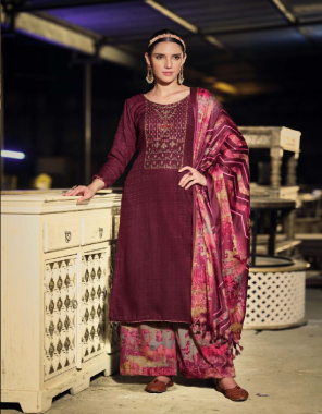 maroon top - pure wool pashmina with exclusive embroidery work (2.50 mtr apx) | dupatta - pure wool pashmina shawl (2.30 mtr apx) | bottom - pure pashmina spun patiala salwar (3 mtr apx) fabric embroidery work casual 