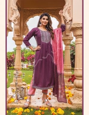 wine kurta - premium bombay structure marble rayon (length - 44 - 45) | pants - heavy rayon with work ( length - 38 ) | dupatta - silk sequence fancy dupatta (2.25 mtr) fabric embroidery work ethnic 