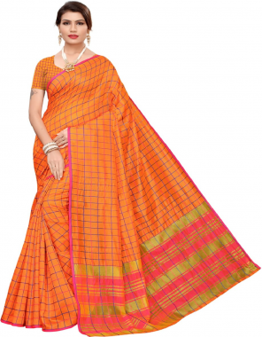 orange casual wear designer cotton silk saree with un stitched blouse fabric weaving work festive 
