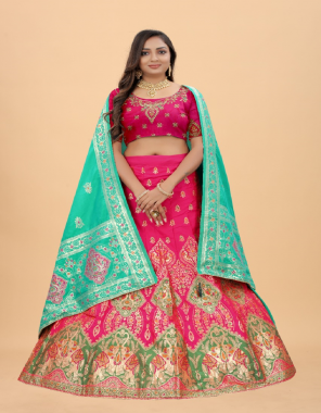 pink lehenga - banarasi silk | flar - 3 meter | inner - micro (semi stitched up to 44 ) ( length - 42 )| choli - banarasi silk (unstitched 0.80 meter ) (up to 46) | dupatta - banarasi silk (2.50 mtr) fabric printed work wedding 