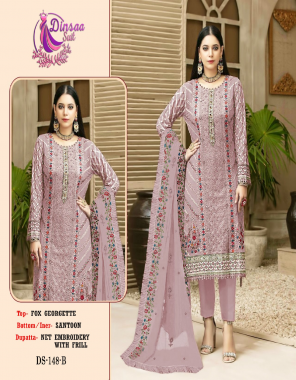 purple top - fox georgette | bottom / inner - santoon | dupatta - net embroidery with frill fabric embroidery work festive 