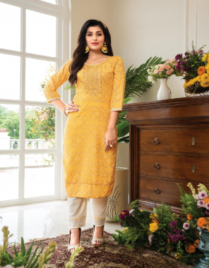 yellow top - rayon bandhej print embroidery gotapatti work | bottom - flex pant with fancy style fabric embroidery work wedding 