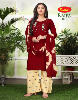 red kurti / plazzo - pure rayon with embroidery work pure rayon with embroidery work | dupatta - pure naznin print (2.25mtrs) (length - 48) fabric embroidery work ethnic 