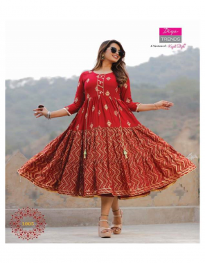red rayon with fancu embroidery work & classy prints | length - 50 to 52 fabric embroidery work casual 