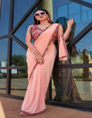 peach imported lycra | fully stitched saree and stitched designer blouse | blouse size - 36 (2 - 2 inch margin inside can be extended upto 40) | half sleeves inside  fabric printed work festive 