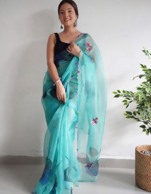 sky blue organza work gota patti work | blouse will be come in satin bangalori  fabric same as image in all sarees fabric printed work festive 
