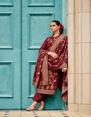 maroon top -pure heavy viscose pashmina weaving jacquard with handwork | bottom - pure pashmina salwar | dupatta - pure heavy viscose pashmina weaving jacquard shawl (2.30 mtrs) fabric embroidery work casual 