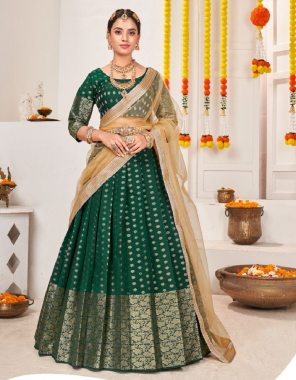dark green  choli - chanderi jacquard (1 mtrs) | lehenga - (42 inches) | dupatta - soft net (2.40 mtrs) fabric jacquard work wedding 