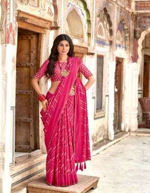 pink bright chinnon with jacquard border and fancy blouse fabric printed work casual 