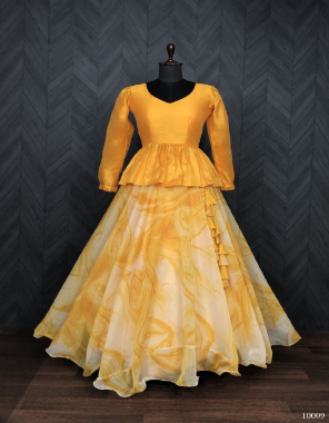 mustard lehenga - full stitched work soft organza with designer rich digital print (length - 42) (inch waist - 42) (inch flair - 7 mtrs) |lining - cotton (full inner tp to bottom ) | closure - chain attached and with dori latkan (stitching type - stitch with wire - picco work) | blouse - (full stitched ) fabric - mulberry silk full - stitch (38 inch) (user can alter upto 42 - 44) | sleeves - pulf sleeve (full sleeves) | neck - v neck clouser - backside hook attached pattern - peplum | dupatta - no package contain fabric printed work ethnic 