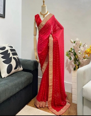 red saree fabric - two tone pedding georgette | saree work - all over saree foil print and attached weaving border lace (5.5 mtrs) | blouse fabric - fantom satik | blouse work - attached weaving border lace | blouse colour - same fabric of saree (unstitch) (0.90 mtrs) (master copy) fabric printed work festive 