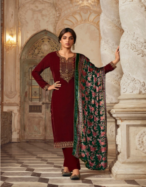 maroon top - velvet dyed with sequence embroidery work | bottom - pure pashmina | dupatta velvet palachi dupatta with fancy lace fabric embroidery work festive 