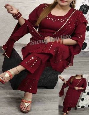 maroon kurti and plazo - rayon cotton (14 kg) (kurti length - 40) | dupatta - nazneen work aari with lace (length - 40 ) dupatta - (2 mtrs) fabric embroidery work festive 