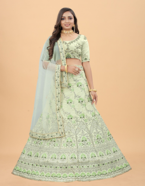parrot green jharkhan silk flair - (3 mtrs) | inner - micro cancan and canvas also comes for more volume of flair semi stitched up to 44 (length - 42) | choli - silk un stitched (0.80 mtrs) silk up to 46 size available | dupatta - net dupatta (2.50 mtrs) fabric embroidery work wedding 