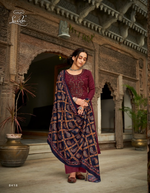 maroon top - pure pashmina negative print with self embroidery (2.50 mtrs) | bottom - spun pashmina dyed (3.00 mtrs) | dupatta - pure pashmina swal printed excelent premium quality (2.30 mtrs) fabric embroidery work casual 